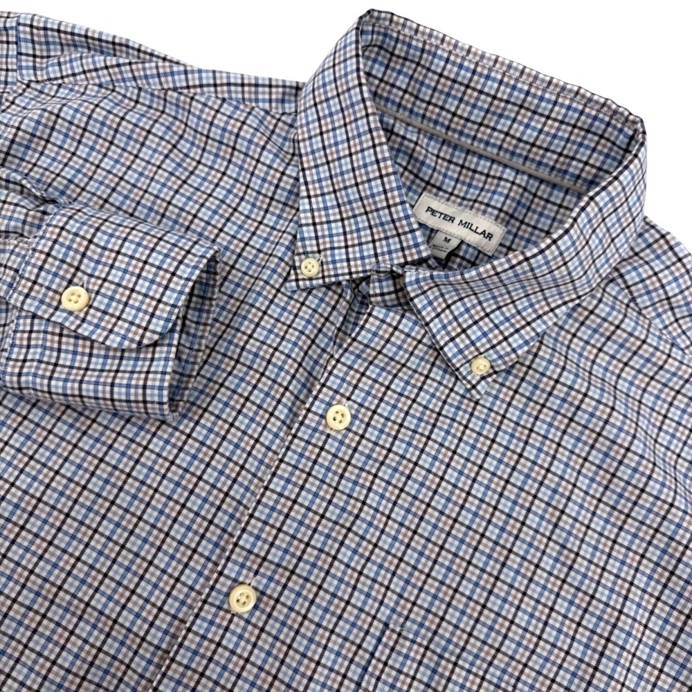Peter Millar Button Down Mens Medium Blue Grey Plaid Performance Stretch Shirt